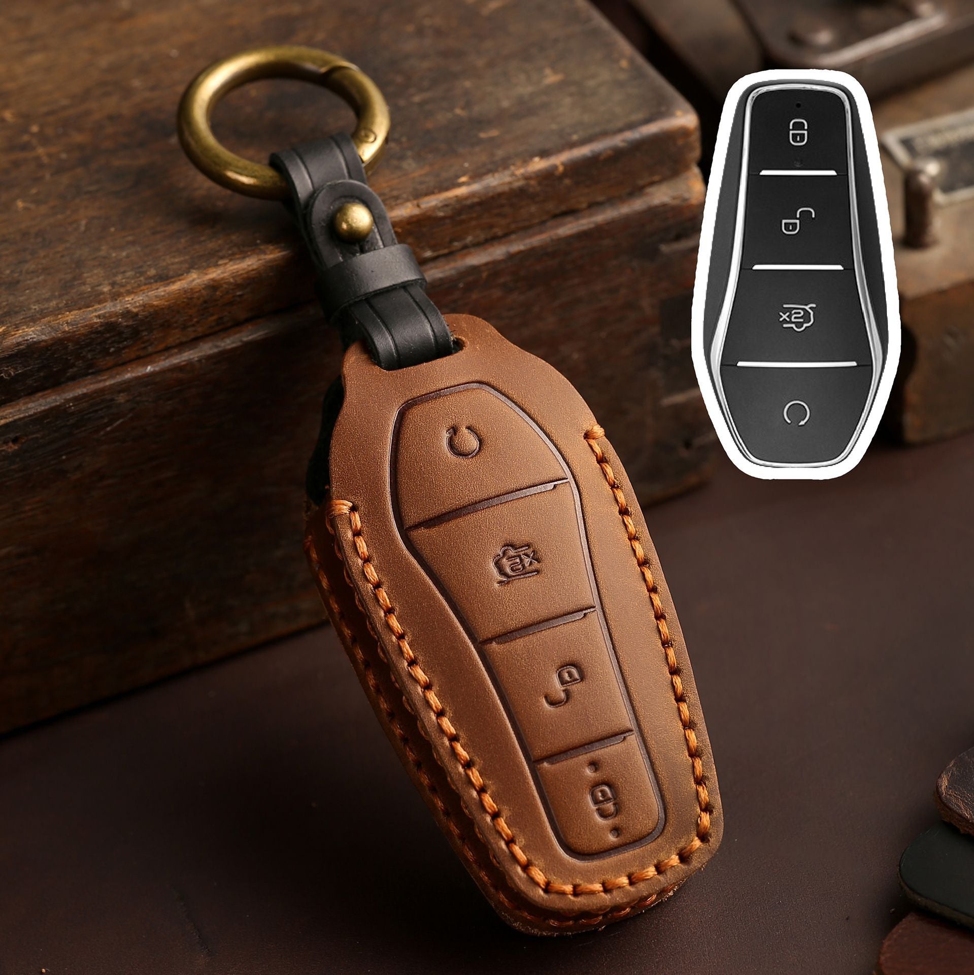Handcrafted Leather Key Fob Cover for BYD