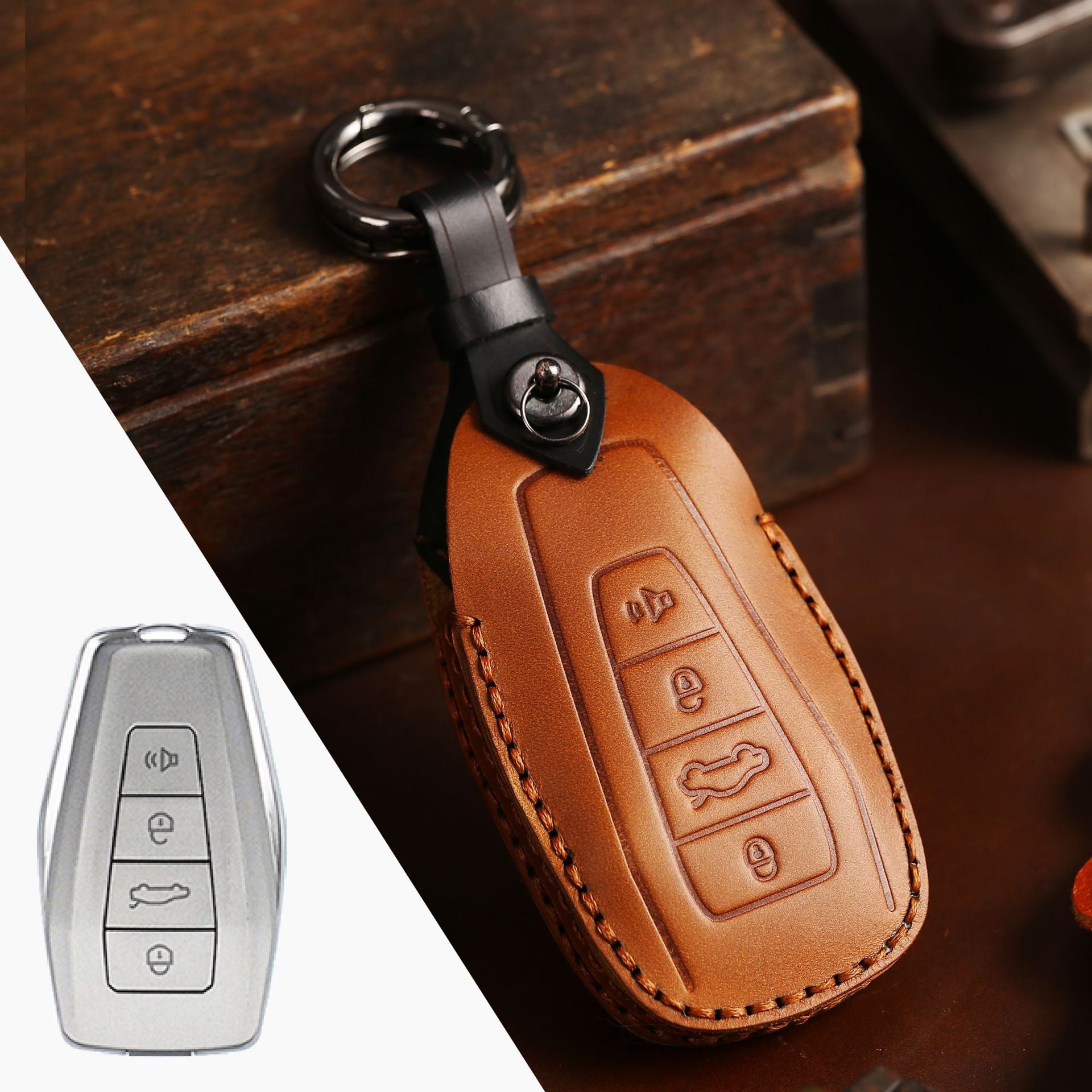 Handcradfted Leather Key Fob Cover for Geely
